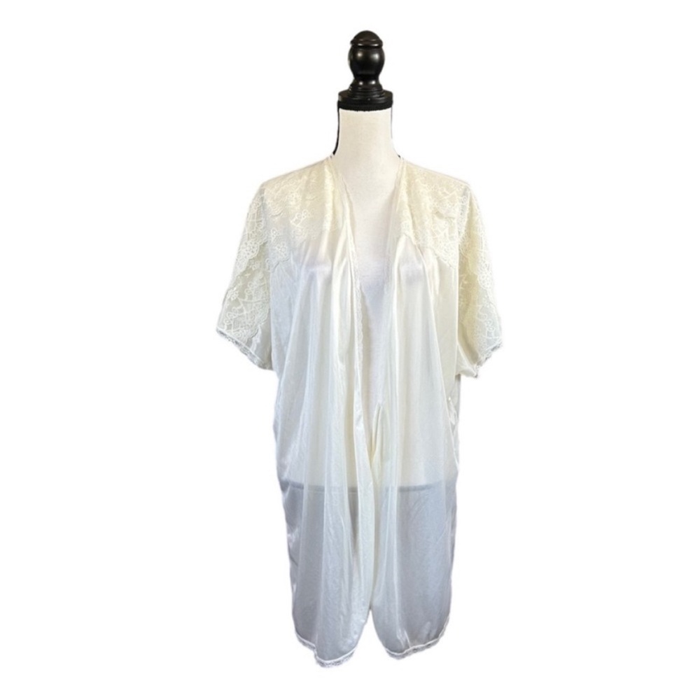 SALE VTG Adonna Cream Kimono Sleeve Robe Lace Trim Boudoir Lingerie 80s 90s M